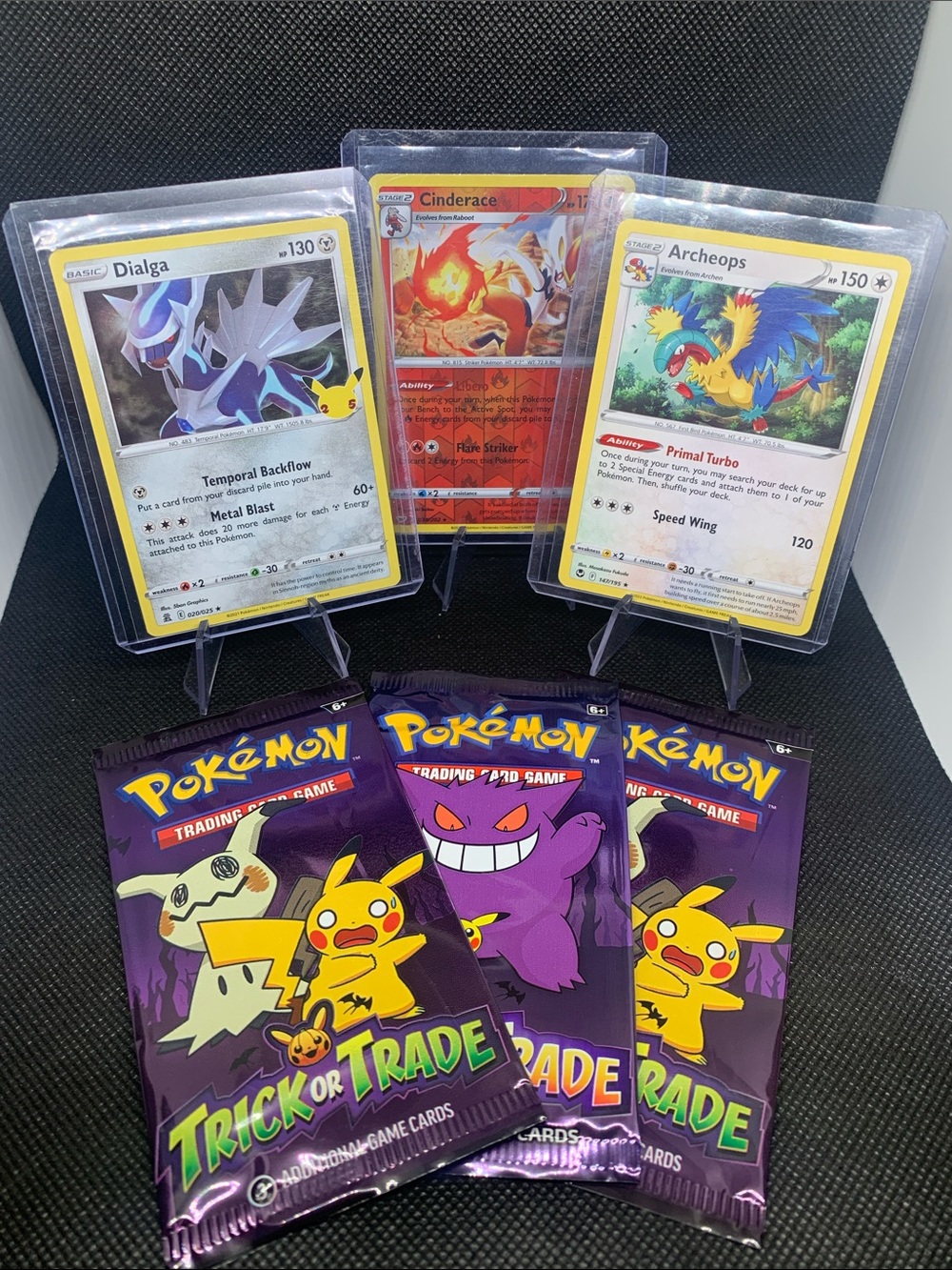 Pokemon Rare Trading Cards Dialga Cinderace Archeops In Case + 3 Unopened Packs